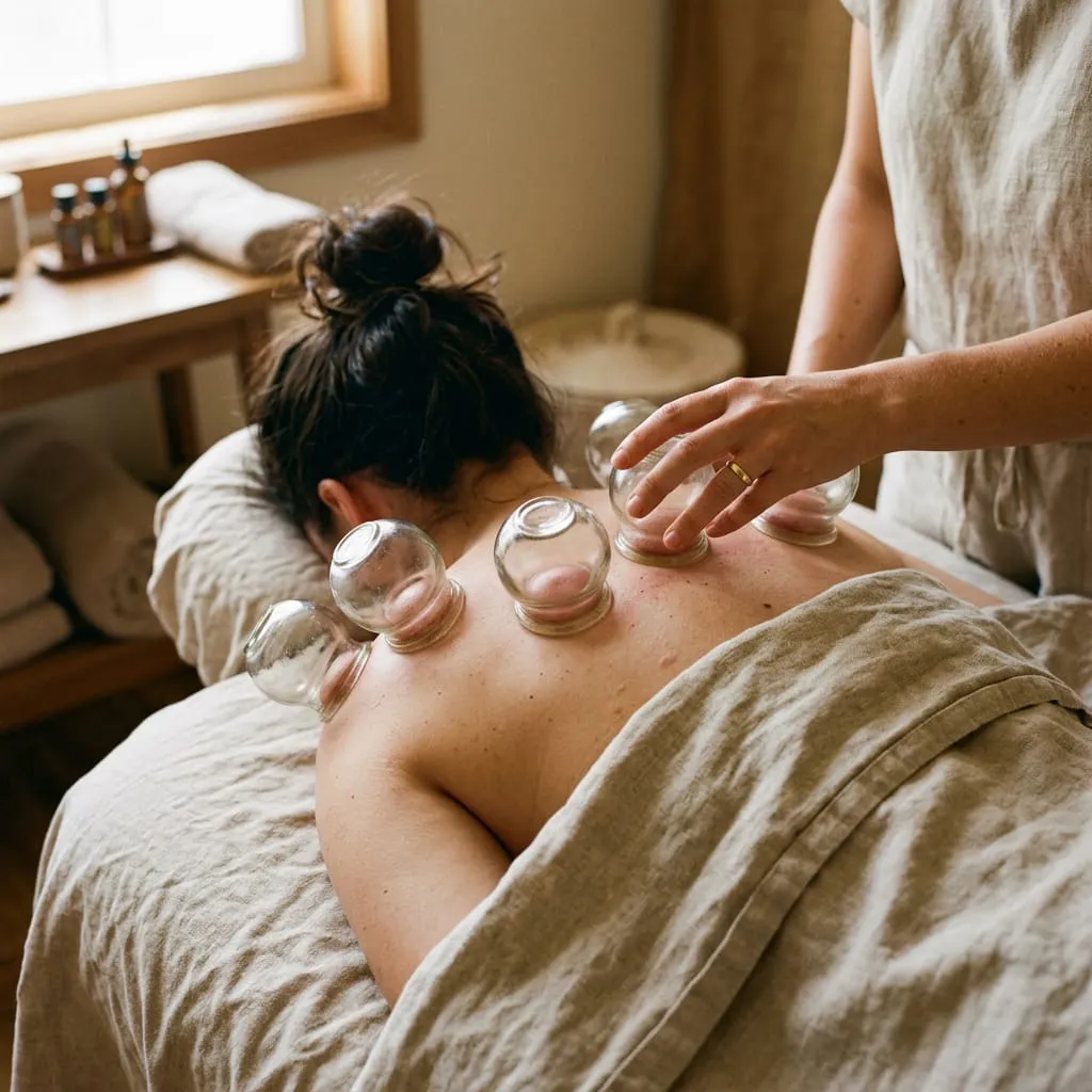 Glass cups set along a woman's upper back during a cupping session