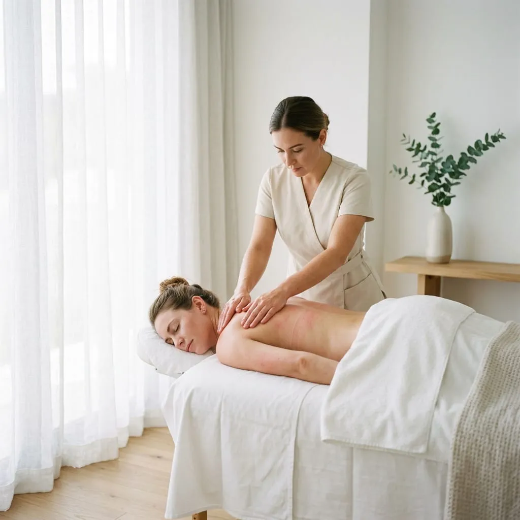 Therapist working on a resting client's shoulder in a white room with sheer curtains