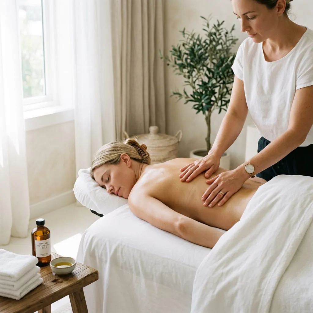 A therapist using slow Swedish massage strokes on a client's upper back, with oil and towels on a stool nearby