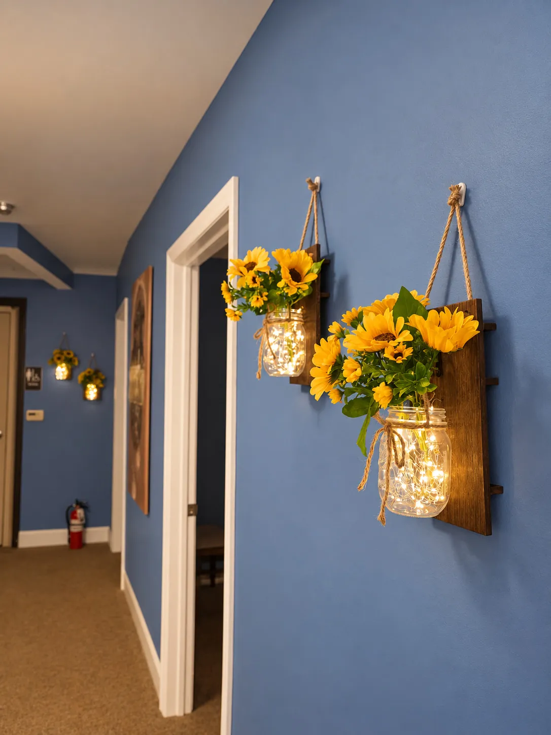 Hallway at Wellness Massage Spa in Gainesville, lit by mason-jar lanterns with sunflowers