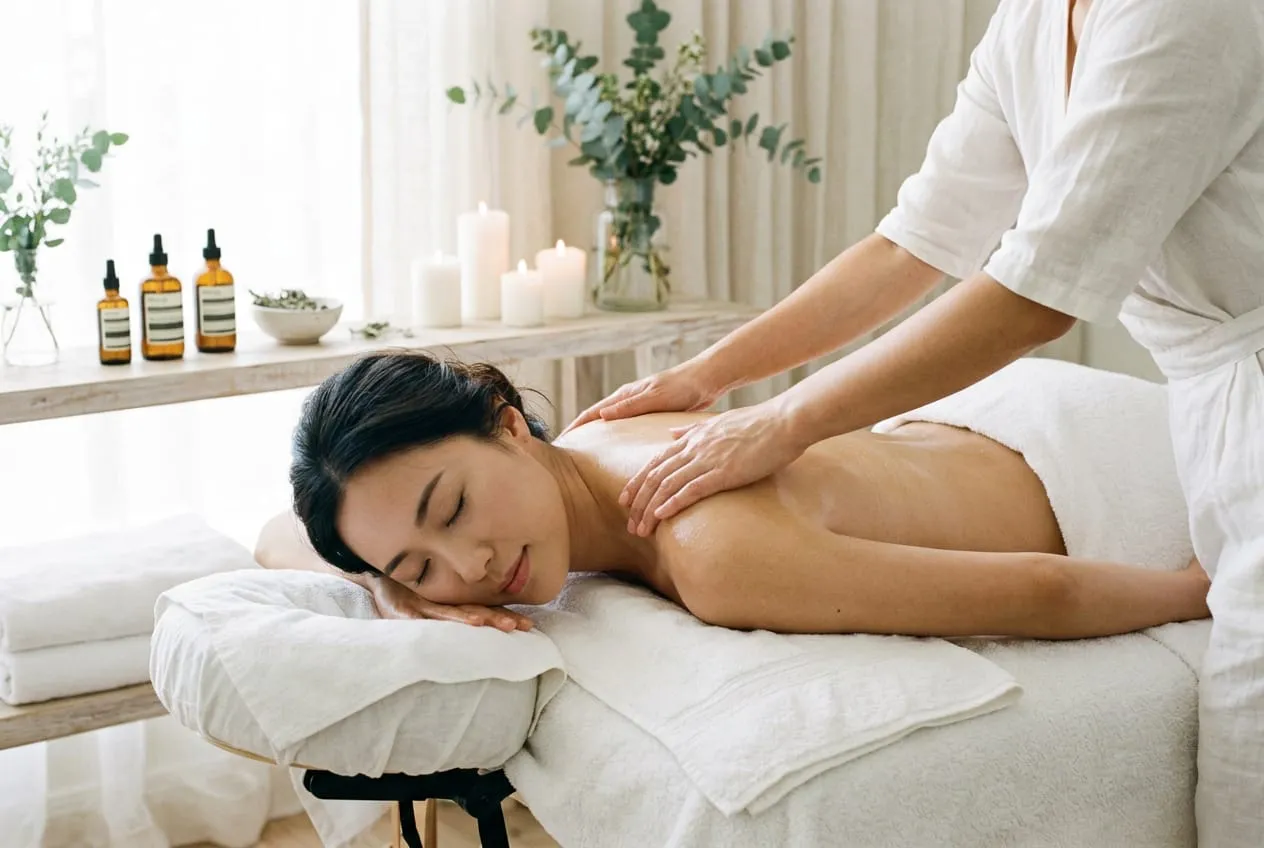 Woman resting face down as a therapist massages her shoulders with oil