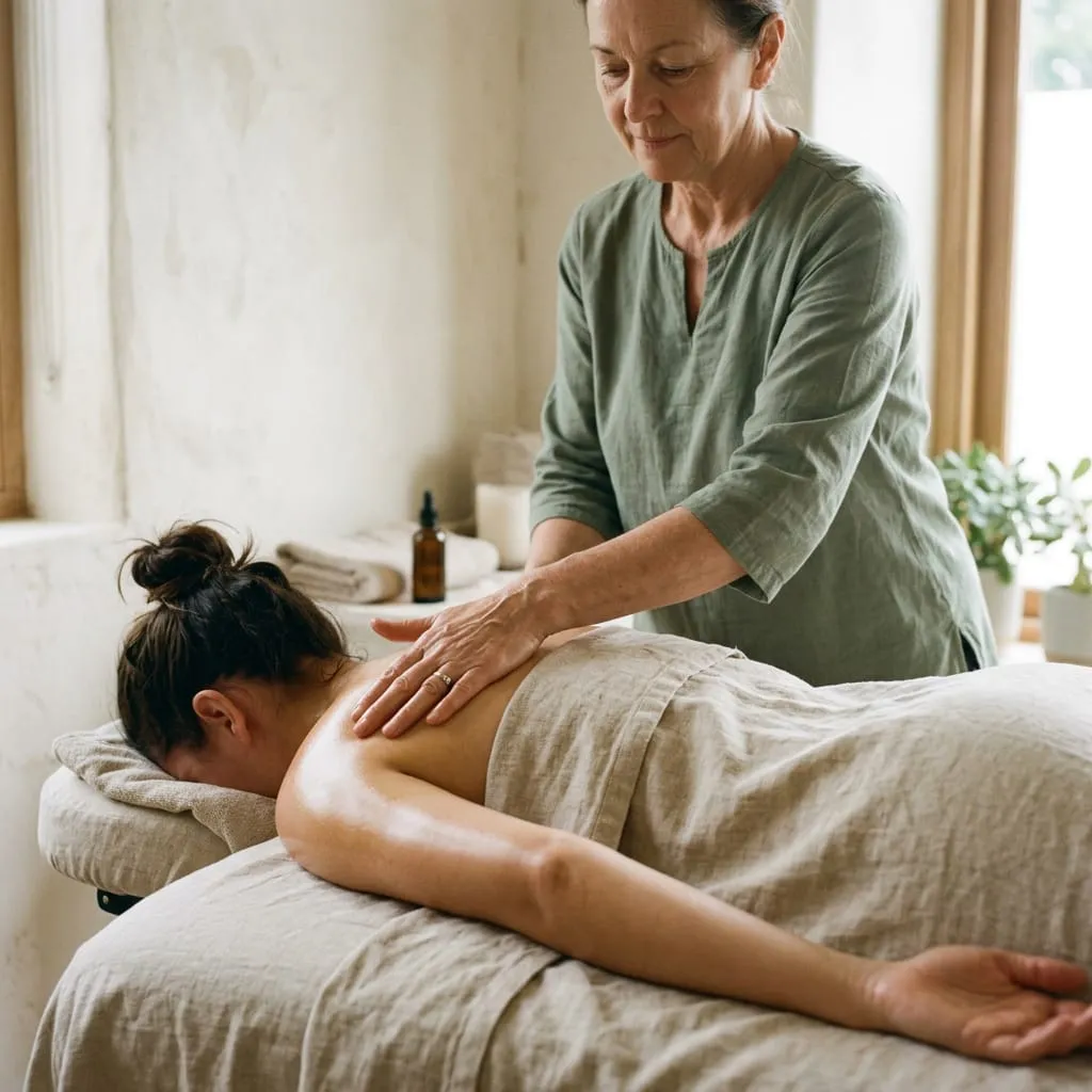 Therapist's hands on a woman's shoulder during a Swedish massage